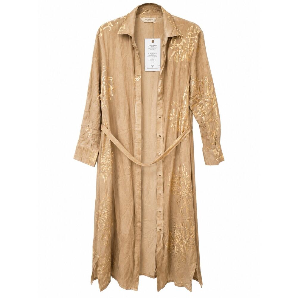 LAST QUEEN PARIS WOMENS S GOLD METALLIC CORAL PRINT MAXI SHIRT DRESS BELTED - Picture 3 of 10